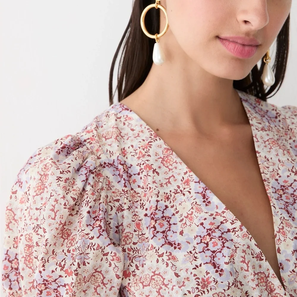 J.Crew Puff-sleeve V-neck Top in Ratti® Paisley Garden Short Sleeve Blouse Shirt